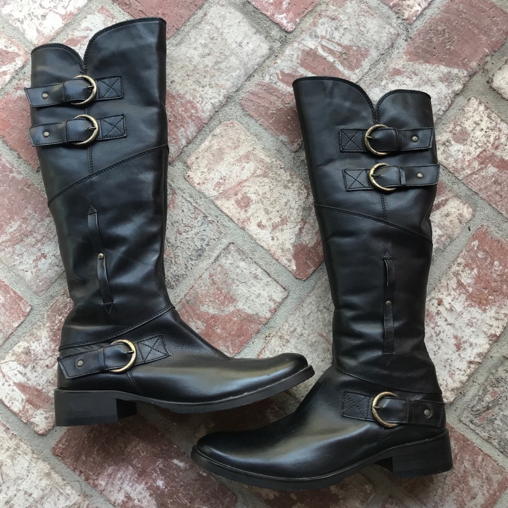 Kurt Geiger Black Leather Over-the-Knee Buckle Riding Boots